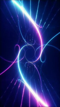 Smooth glowing neon curves in deep blue and vibrant purple form elegant swirling patterns radiating outward against dark futuristic space background.