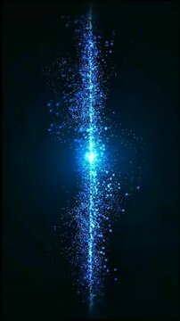 Bright central light source releases vertical stream of sparkling blue particles rising upward and scattering gently through deep dark atmosphere.