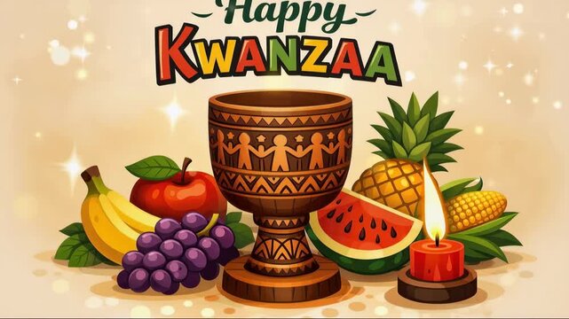 Kwanzaa still life with unity cup, candle and abundant fruit arrangement festive african holiday celebration with warm golden bokeh background