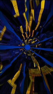 Speeding perspective through futuristic tunnel with glowing yellow and dark blue geometric panels converging toward bright radiant central light.