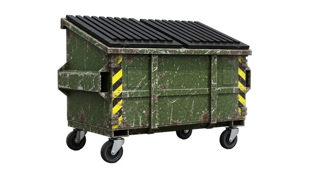 Grungy green dumpster with yellow hazard stripes, isolated on transparent background