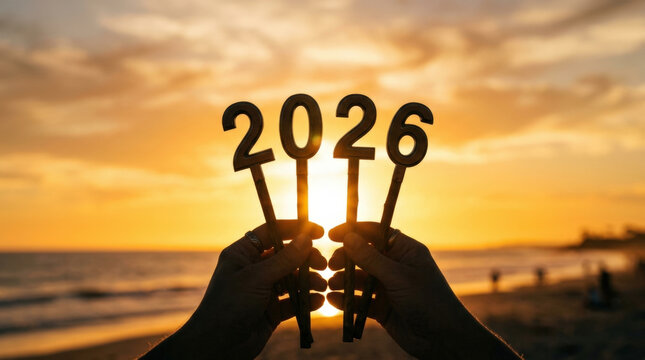 Metal digits representing twenty twenty six held against vibrant sunset beach sky for festive celebration holiday new year themes.