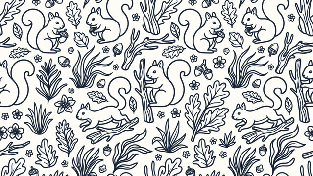 Seamless pattern of hand-drawn squirrels with acorns, oak leaves, and forest branches in black line art on a white background. Ideal for textile, wallpaper, and autumn fabric design.