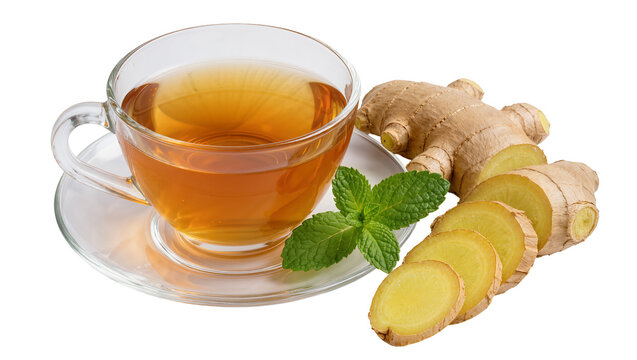 Glass cup of amber tea with fresh mint and sliced ginger root, isolated on transparent background