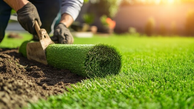 Laying Fresh Sod: A gardener with gloved hands carefully rolls out a fresh sod mat onto a prepared patch of earth, enhancing the lushness of a sun-drenched lawn.
