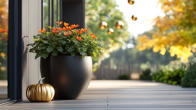 Autumn Porch Decor with Orange Flowers in Black Planter and Golden Pumpkin