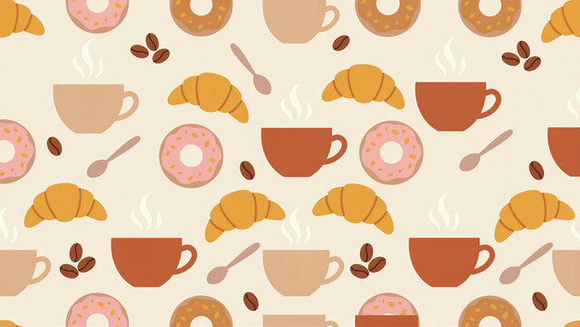 A seamless pattern featuring coffee and bakery items including a hot coffee cup, croissant, sugar-coated donut, coffee beans, and a coffee spoon set against a soft, creamy beige background.