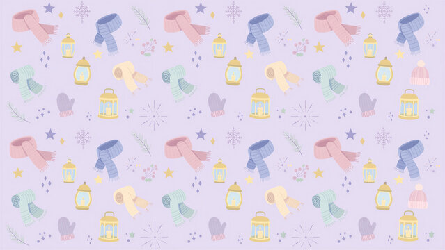 A seamless pattern featuring winter attire including colorful scarves, winter gloves, and knit hats along with lanterns, stars, snowflakes, and tree branches, set against a pastel purple background.