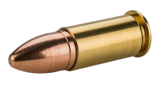 Brass cartridge with copper bullet tip, isolated on transparent background