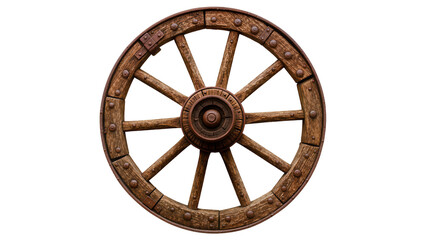 Rustic wooden wagon wheel with metal rivets, isolated on transparent background © Maria