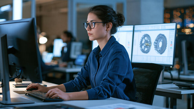 Engineer Working on CAD Software: A female engineer is focused, working on computer-aided design software on a computer.