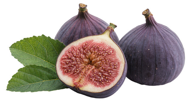 Purple figs with green leaves one fig cut in half, isolated on transparent background