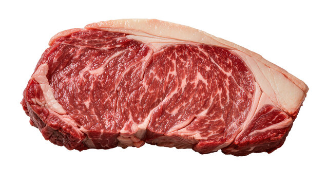 Thick marbled raw beef steak with fat cap, isolated on transparent background