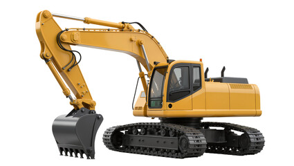 Yellow excavator with black bucket and tracks, isolated on transparent background © Iura