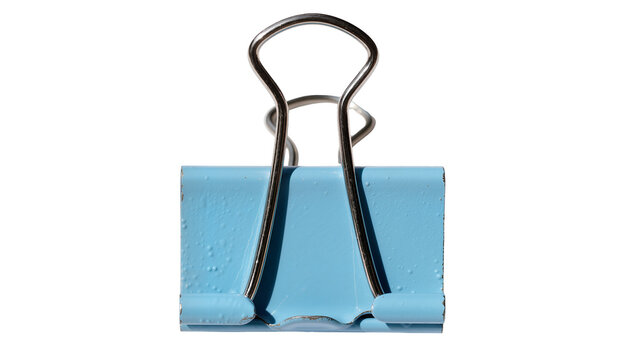 Light blue binder clip with silver metal handles, isolated on transparent background