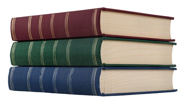 Stack of three hardcover books in burgundy green and blue, isolated on transparent background