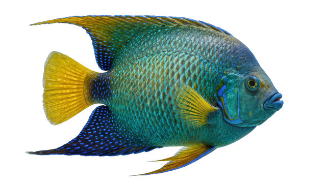 Vibrant blue and yellow cichlid fish with detailed scales, isolated on transparent background