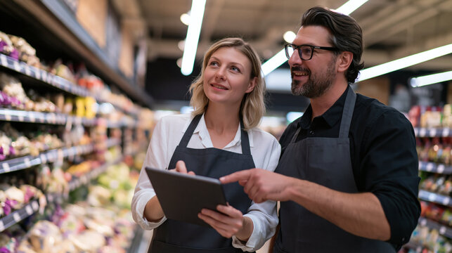 Supermarket Collaboration: Two store employees, a woman and a man, collaborate while examining a digital tablet amidst rows of fresh produce in a brightly lit supermarket aisle.