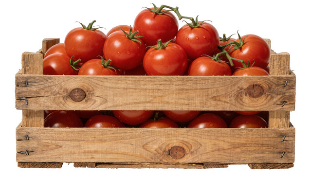 Ripe red tomatoes with water droplets in a rustic wooden crate, isolated on transparent background