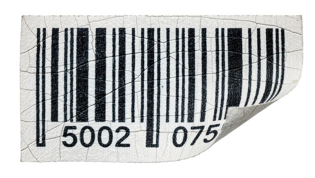 Cracked white label with black barcode and numbers 5002 075, isolated on transparent background