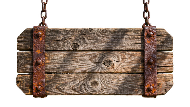 Rustic wooden plank sign with rusty metal bands and chains, isolated on transparent background