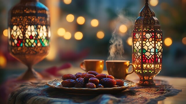Cozy Ramadan Evening Setting with Dates, Tea Cups, and Traditional Lanterns