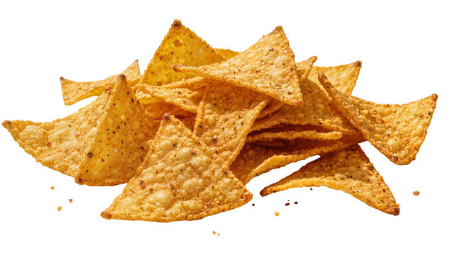 Crispy seasoned tortilla chips piled together, isolated on transparent background
