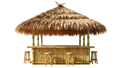 Fototapeta premium Bamboo tiki bar with thatched roof and stools, isolated on transparent background