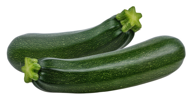 Two fresh green zucchini with star-shaped stems, isolated on transparent background