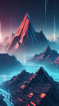 Digital mountains with red and blue glowing ridges