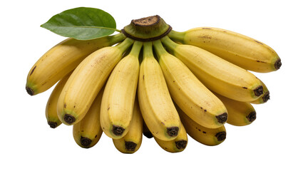 Bunch of ripe yellow bananas with a single green leaf, isolated on transparent background © Iura