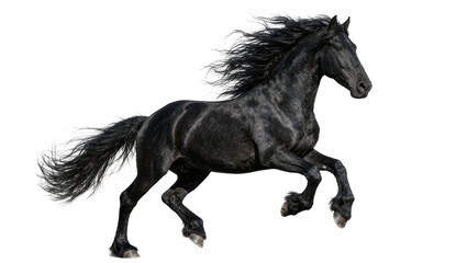 Majestic black Friesian horse with flowing mane and tail, isolated on transparent background © Iura