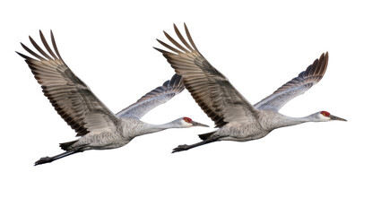 Fototapeta premium Two sandhill cranes with red crowns flying in formation, isolated on transparent background