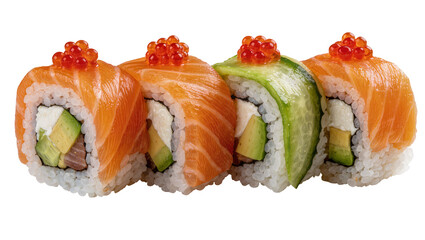 Fresh salmon and avocado sushi rolls topped with red caviar, isolated on transparent background © Maria
