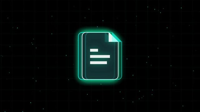 Neon turquoise glowing multiple document files icon on dark background data