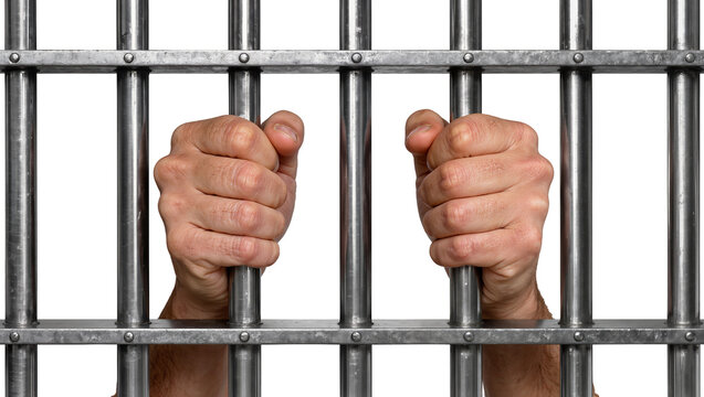 Man s hands gripping metal prison bars, isolated on transparent background