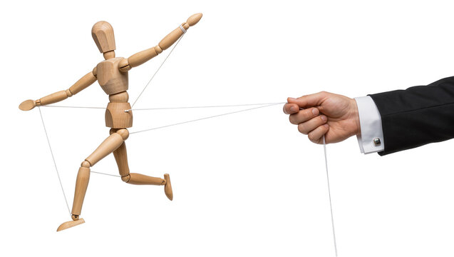 Wooden mannequin puppet controlled by strings held by a hand in a suit, isolated on transparent background