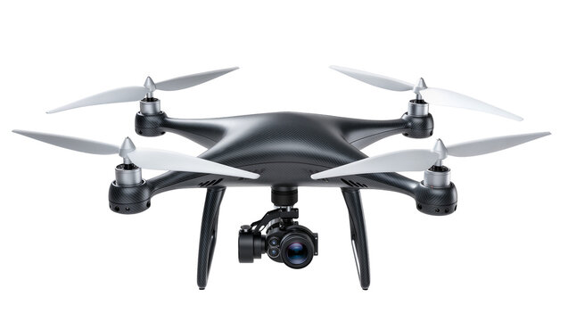 Black quadcopter drone with camera gimbal and white propellers, isolated on transparent background