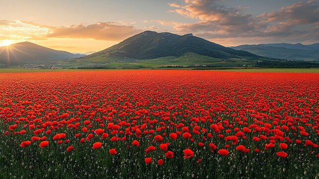 Endless meadow of bright red poppies with a large mountain peak under a warm orange sunset glow in scenic nature