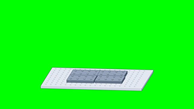 Miniature 2-story colorful modular brick house with symmetric gable roof built piece by piece on an engineered base platform in 4K 60FPS toy craft motion graphics animation.
