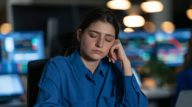 Overworked Professional Napping: A young female professional is asleep at her desk in a dimly lit office, surrounded by glowing computer screens displaying data, exhaustion evident in her posture.
