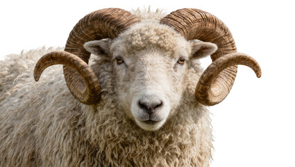 Majestic ram with large curved horns woolly fleece, isolated on transparent background © Maria