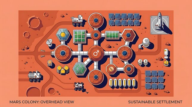 Overhead view of a sustainable mars settlement colony on red planet
