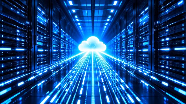 Futuristic data center server room with high speed digital light streams connecting to glowing cloud icon