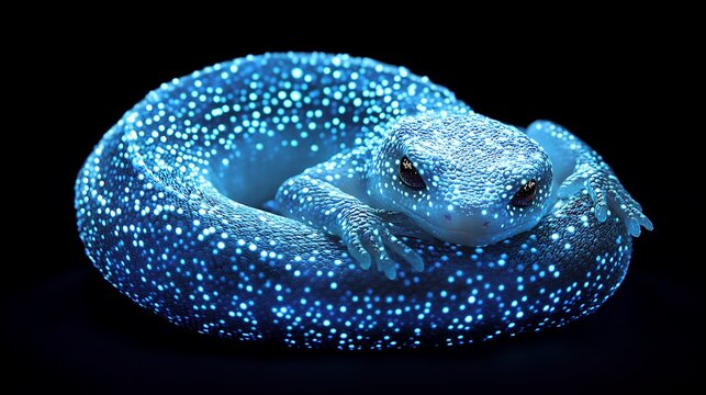 Bioluminescent Blue Gecko Curled in a Circle with Glowing Dots