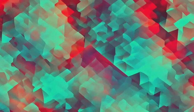 abstract geometric animation featuring a vibrant repeating pattern of interlocking triangles in vivid red, soft sea-foam, rich jade green, and deep violet