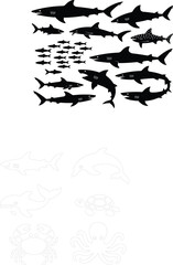 Fototapeta premium Various shark species silhouettes and school of small fish vector collection isolated on white background