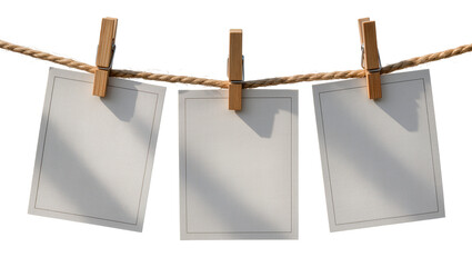 Three blank white paper cards hanging on a rope with clothespins, isolated on transparent background © Maria