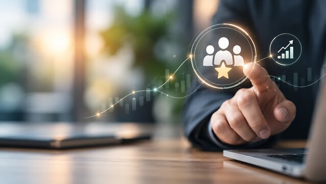 Business professional using digital interface for customer satisfaction and data growth tracking analysis and strategy improvement