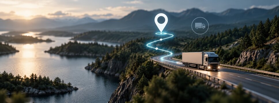 Semi truck driving on mountain highway with digital gps tracking overlay for logistics supply chain management and shipping concept